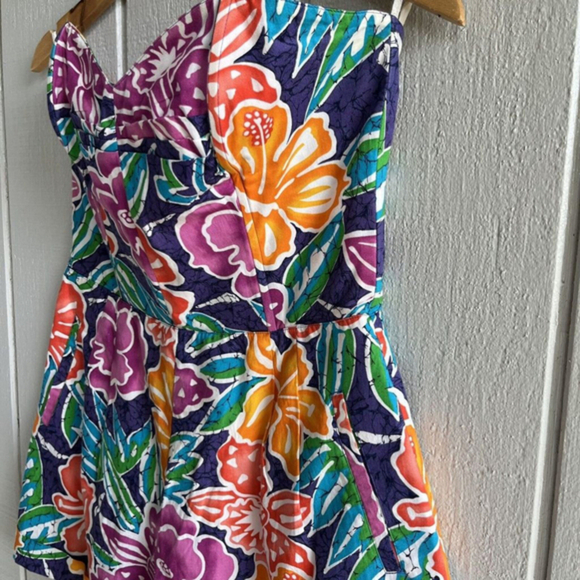 Liz Sport Vintage 1980s Hawaiian Floral Print Strapless Cotton Romper‎ Size 12 - Picture 3 of 12